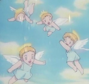 A stained glass window of a Kantoan orphanage depicting winged humans. A stained glass window of a Kantoan orphanage depicting winged humans.